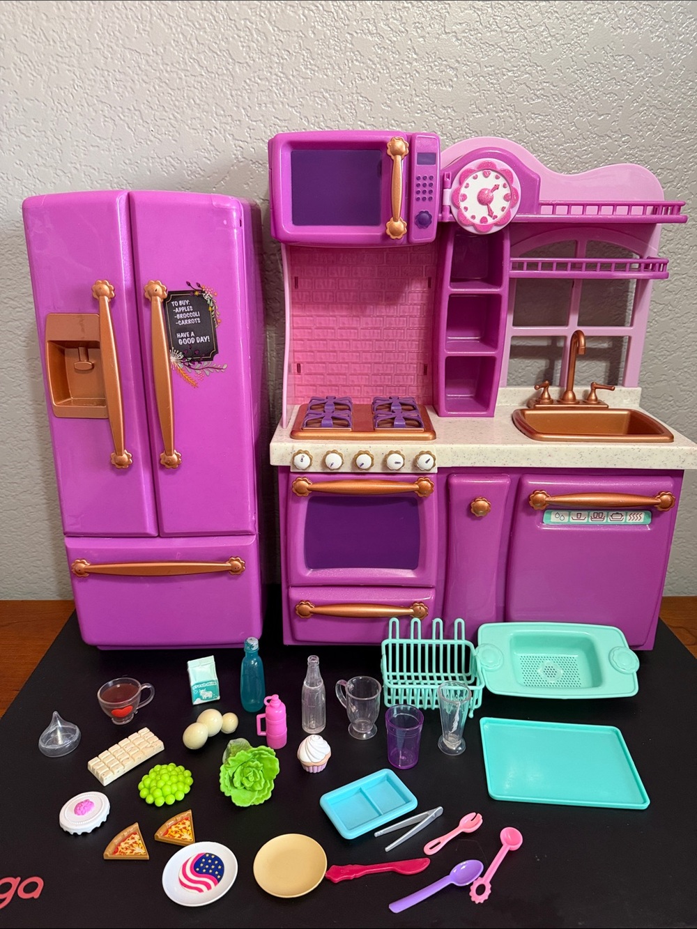 Our Generation Kitchen Set Stove Fridge Sink for 18” Dolls with Play Food Dishes